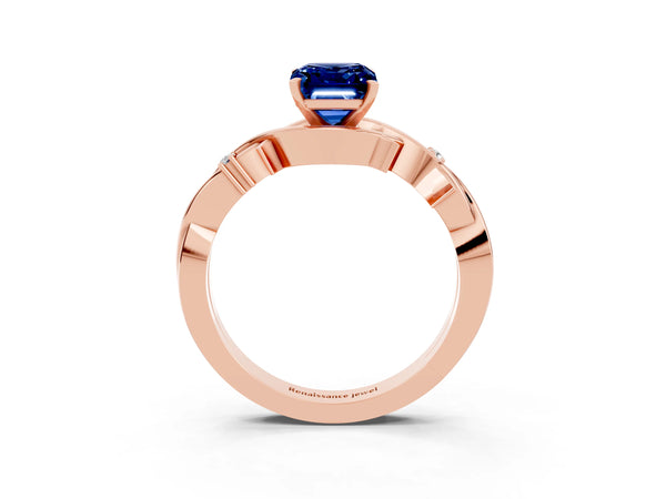 Rose gold Emerald Cut Blue Sapphire Solitaire Ring with Twisted Band and Prong Setting