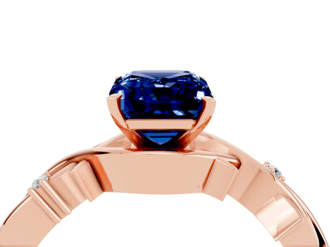 Rose gold Emerald Cut Blue Sapphire Solitaire Ring with Twisted Band and Prong Setting_4