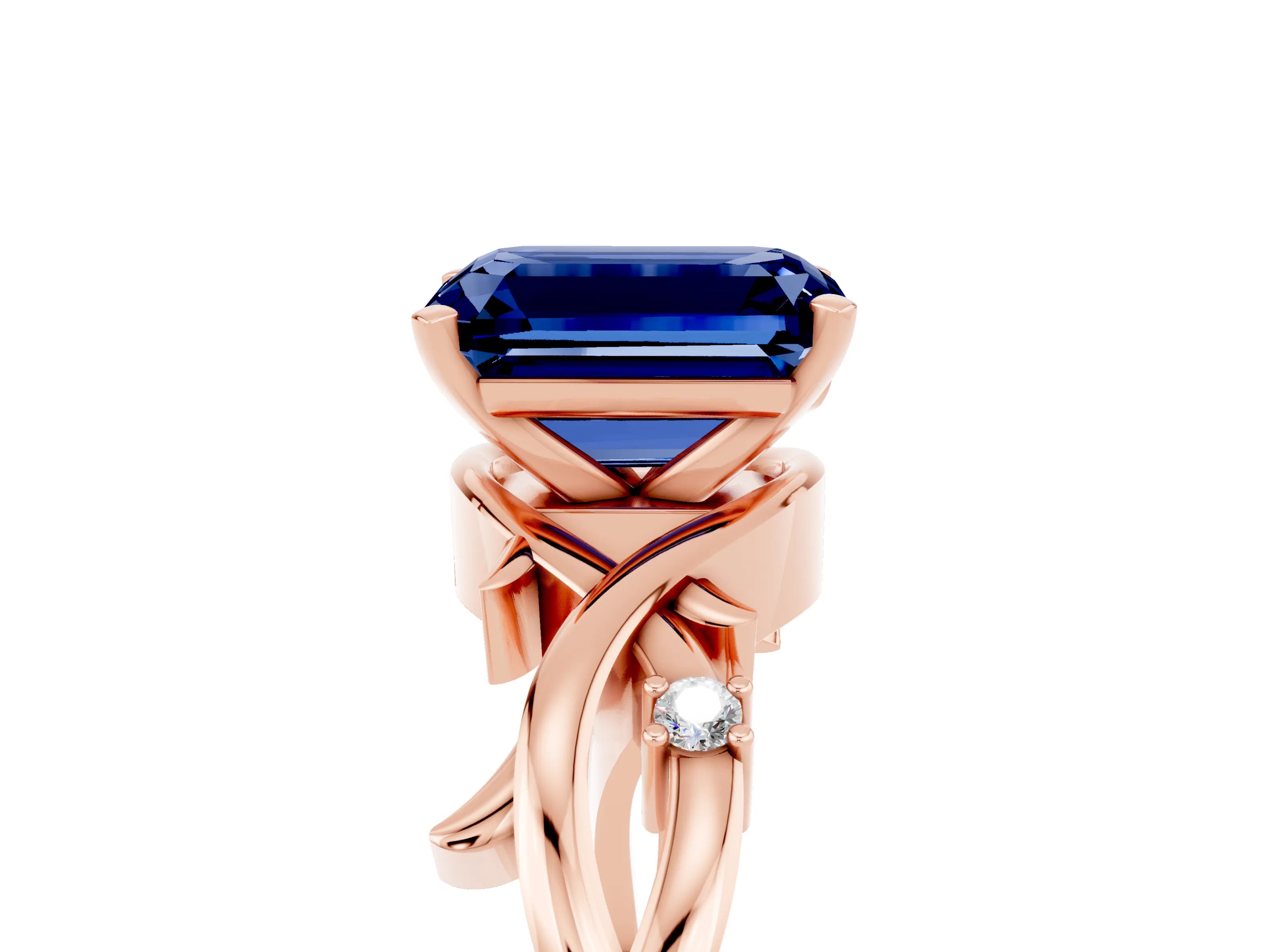 Rose gold Emerald Cut Blue Sapphire Solitaire Ring with Twisted Band and Prong Setting_5