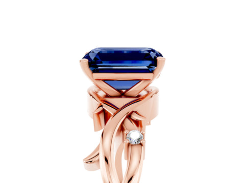 Rose gold Emerald Cut Blue Sapphire Solitaire Ring with Twisted Band and Prong Setting_5