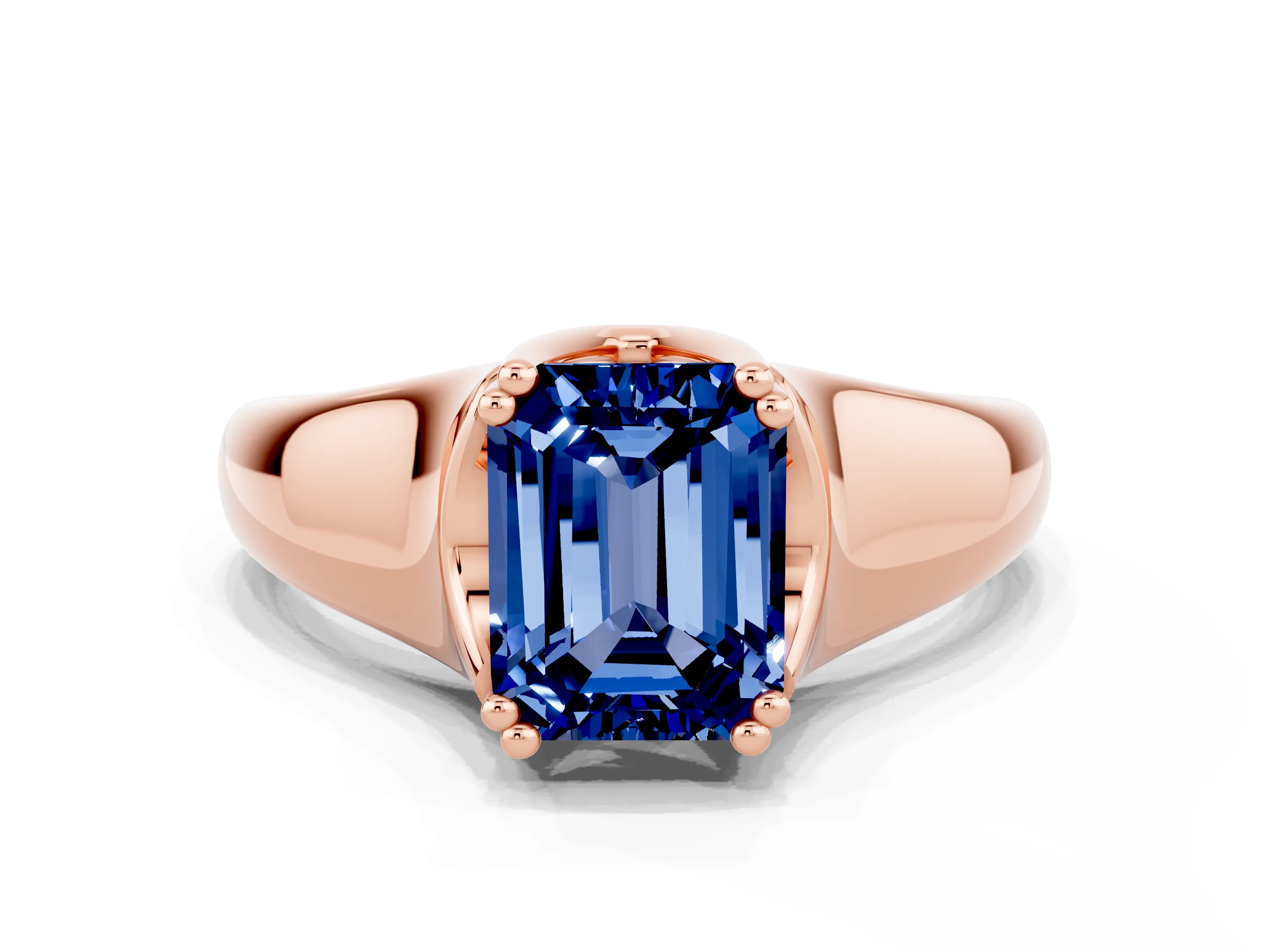 Rose gold Emerald Cut Blue Sapphire Solitaire Ring with Wide Band and Prong Setting