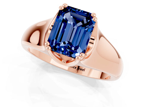 Rose gold Emerald Cut Blue Sapphire Solitaire Ring with Wide Band and Prong Setting_1