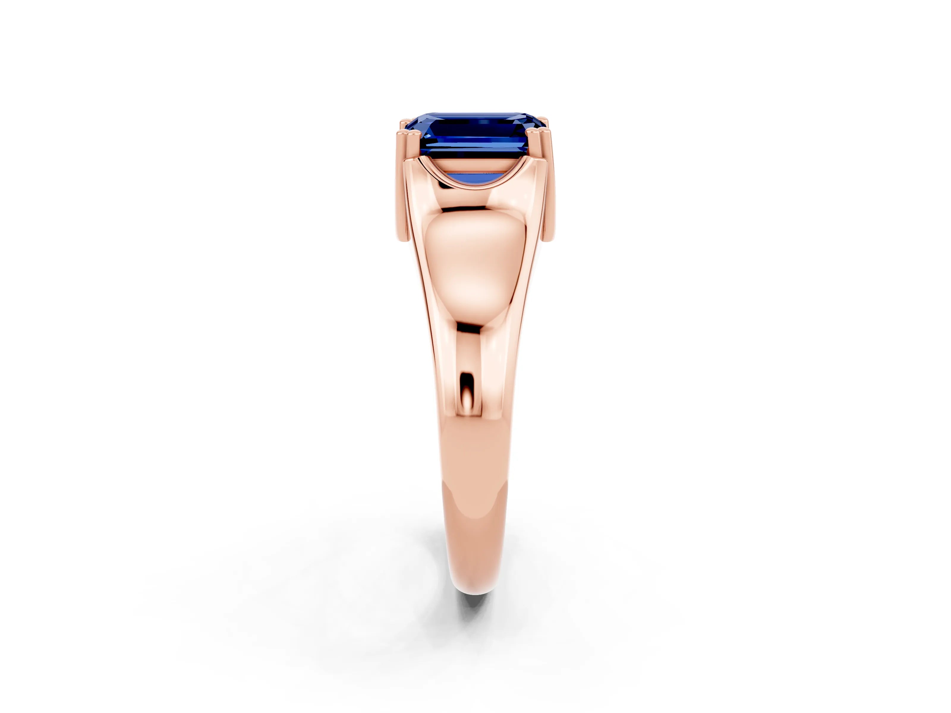 Rose gold Emerald Cut Blue Sapphire Solitaire Ring with Wide Band and Prong Setting_2
