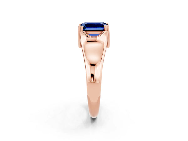 Rose gold Emerald Cut Blue Sapphire Solitaire Ring with Wide Band and Prong Setting