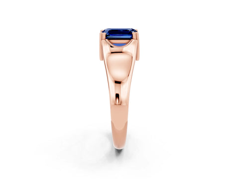 Rose gold Emerald Cut Blue Sapphire Solitaire Ring with Wide Band and Prong Setting_2