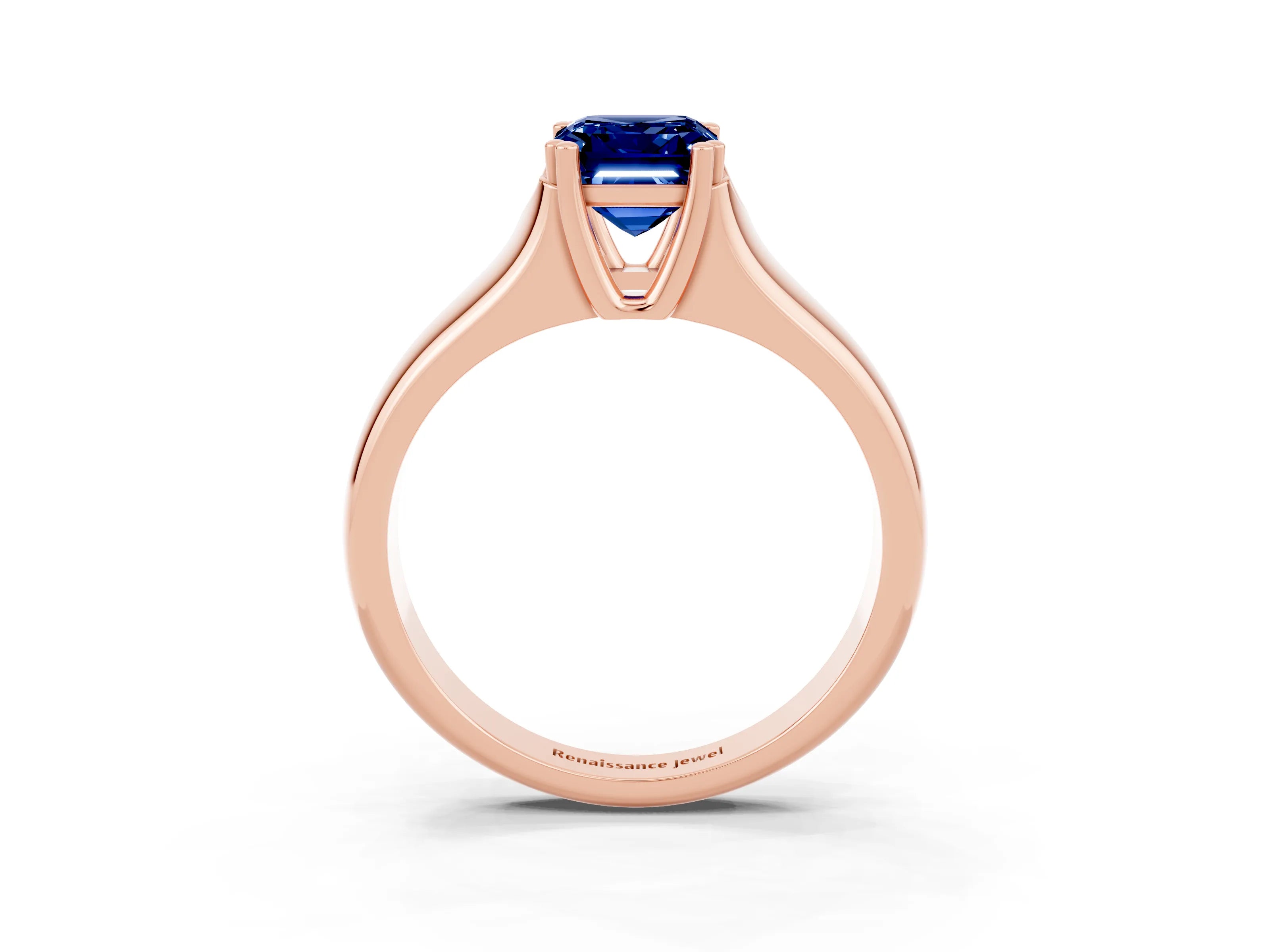 Rose gold Emerald Cut Blue Sapphire Solitaire Ring with Wide Band and Prong Setting_3