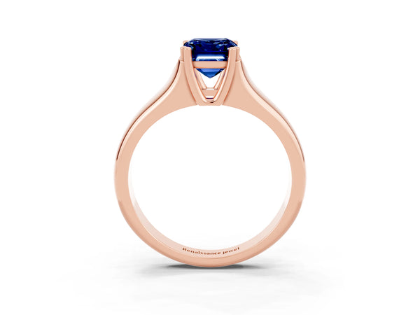 Rose gold Emerald Cut Blue Sapphire Solitaire Ring with Wide Band and Prong Setting
