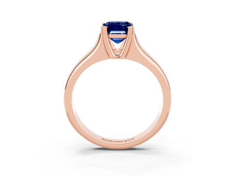 Rose gold Emerald Cut Blue Sapphire Solitaire Ring with Wide Band and Prong Setting_3