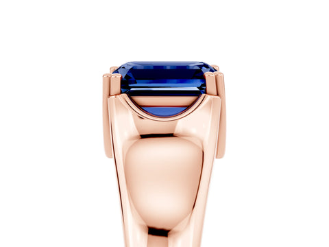 Rose gold Emerald Cut Blue Sapphire Solitaire Ring with Wide Band and Prong Setting_5