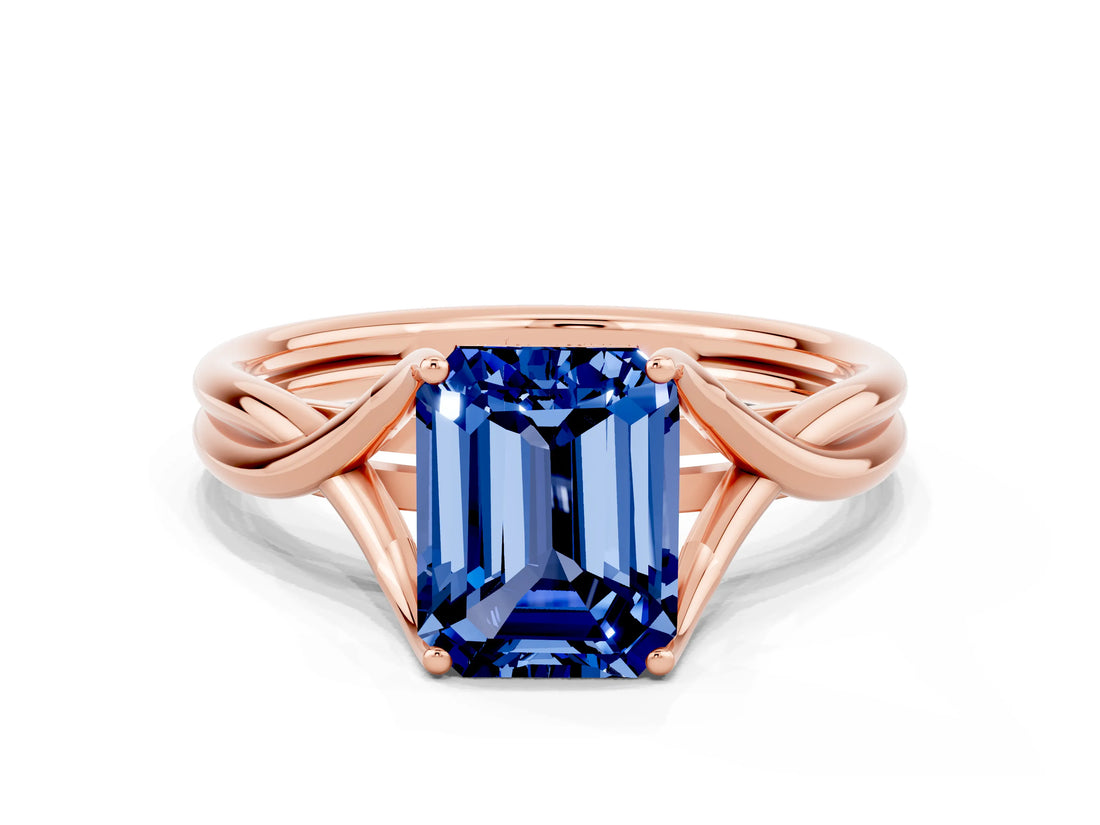 Rose gold Emerald Cut Blue Sapphire Solitaire Twist Band Prong Setting Ring_42