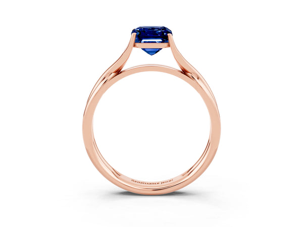Rose gold Emerald Cut Blue Sapphire Solitaire Twist Band Prong Setting Ring