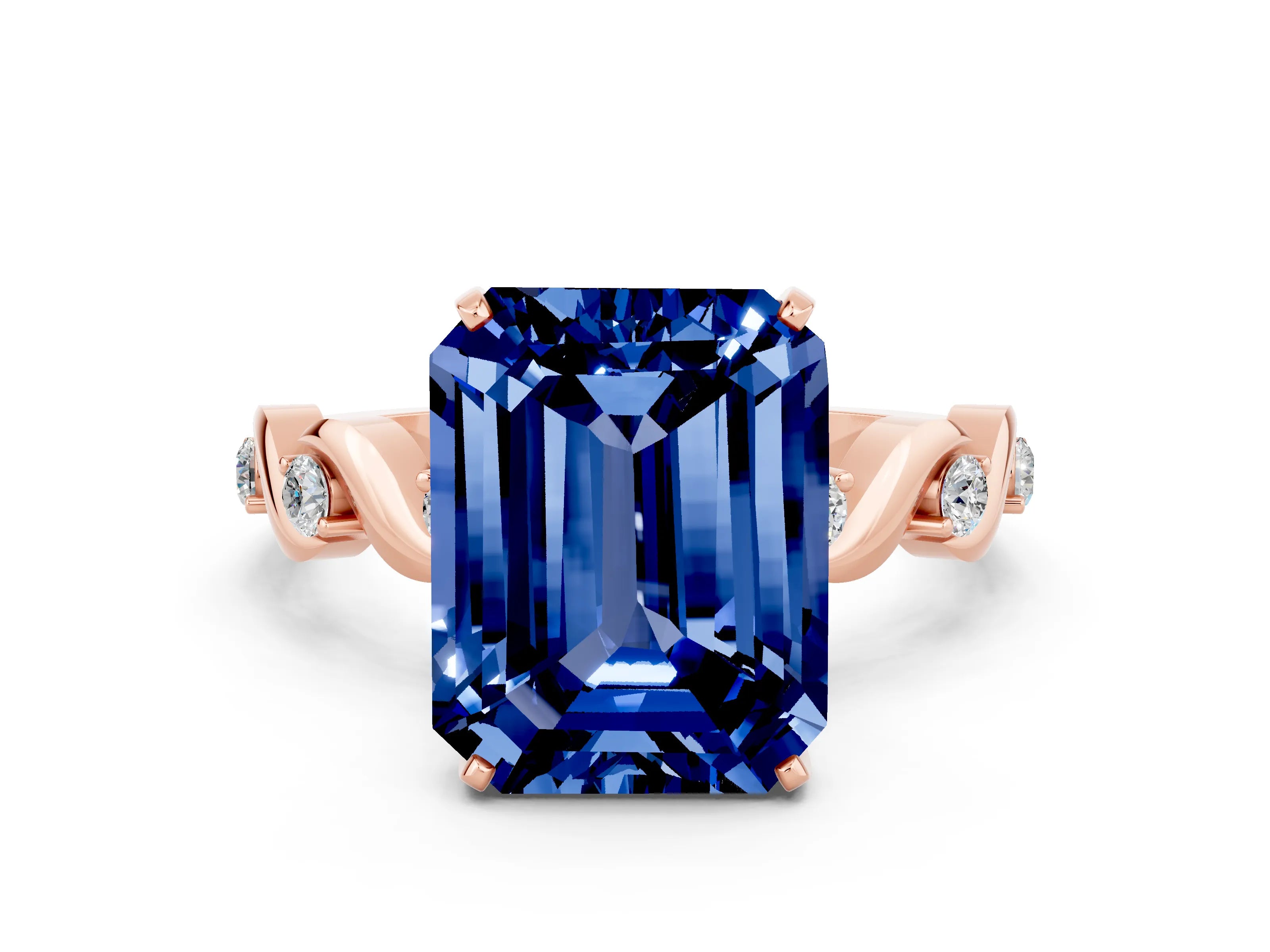 Rose gold Emerald Cut Blue Sapphire Solitaire Twisted Band with Round  Accents and Prong Setting_12