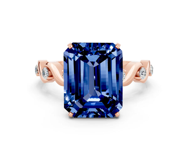 Rose gold Emerald Cut Blue Sapphire Solitaire Twisted Band with Round  Accents and Prong Setting
