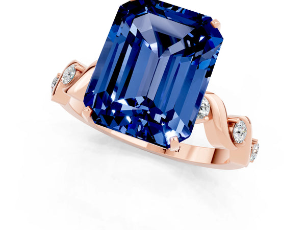 Rose gold Emerald Cut Blue Sapphire Solitaire Twisted Band with Round  Accents and Prong Setting