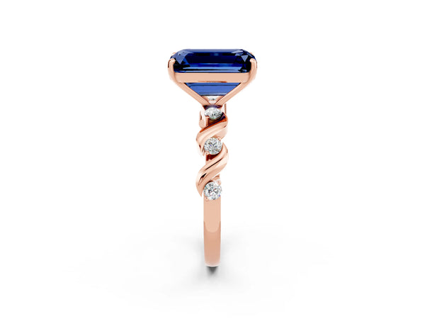 Rose gold Emerald Cut Blue Sapphire Solitaire Twisted Band with Round  Accents and Prong Setting