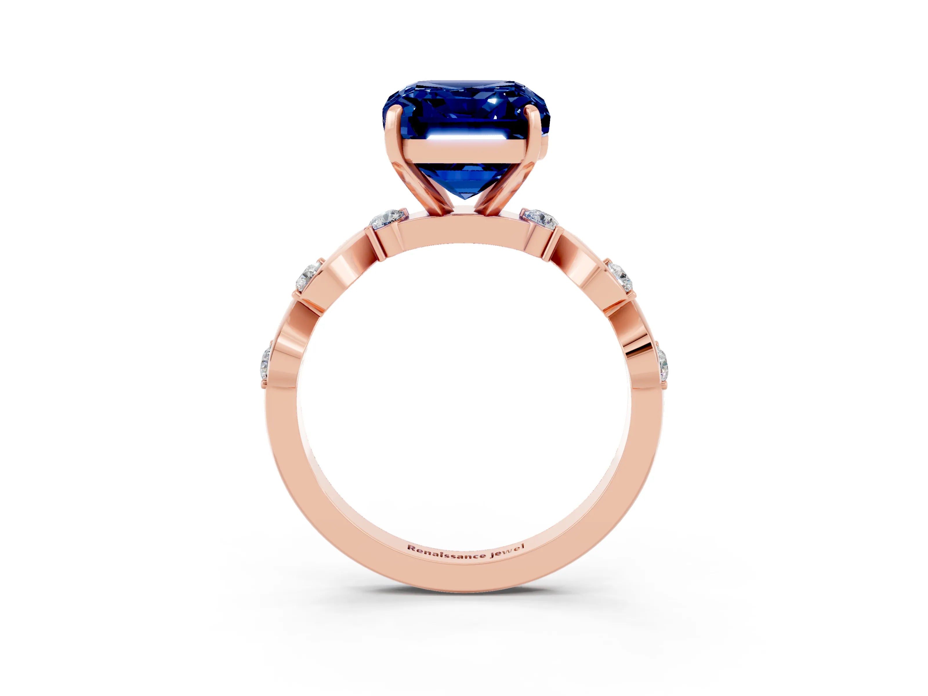 Rose gold Emerald Cut Blue Sapphire Solitaire Twisted Band with Round  Accents and Prong Setting_15