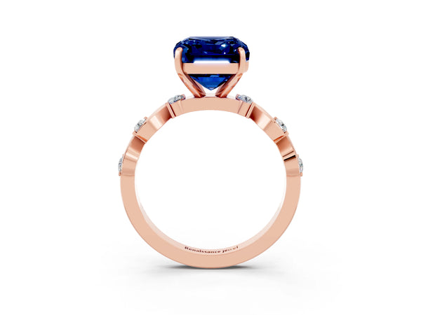 Rose gold Emerald Cut Blue Sapphire Solitaire Twisted Band with Round  Accents and Prong Setting