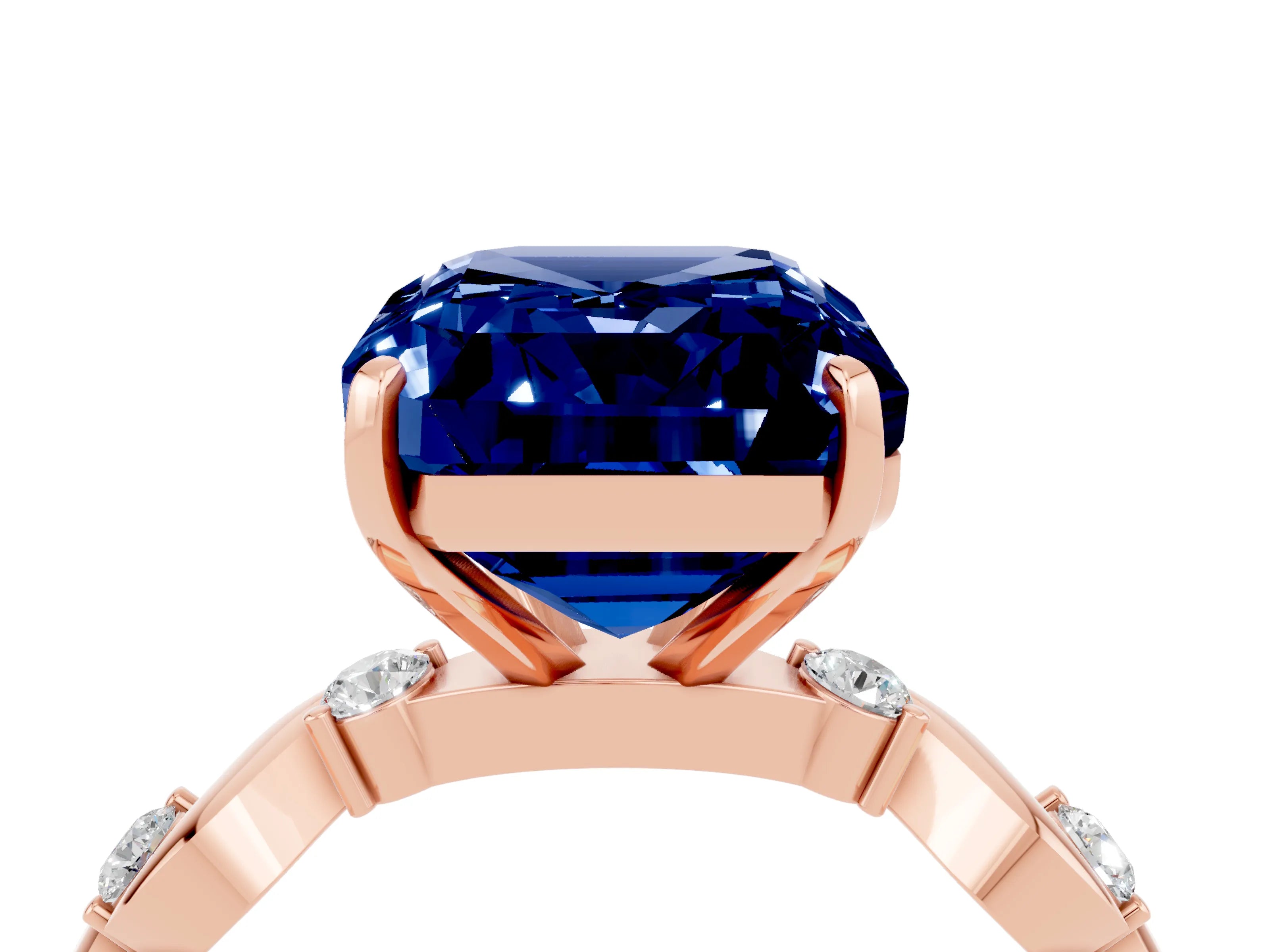 Rose gold Emerald Cut Blue Sapphire Solitaire Twisted Band with Round  Accents and Prong Setting_16