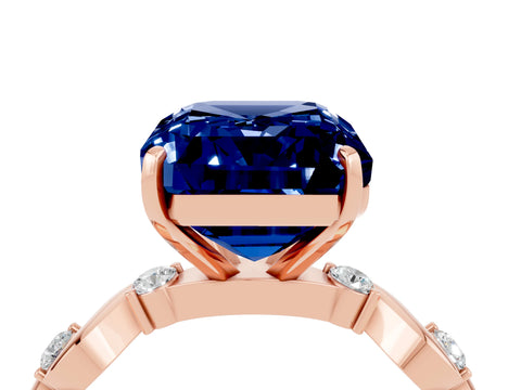 Rose gold Emerald Cut Blue Sapphire Solitaire Twisted Band with Round  Accents and Prong Setting_16