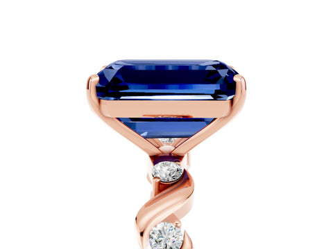 Rose gold Emerald Cut Blue Sapphire Solitaire Twisted Band with Round  Accents and Prong Setting_17