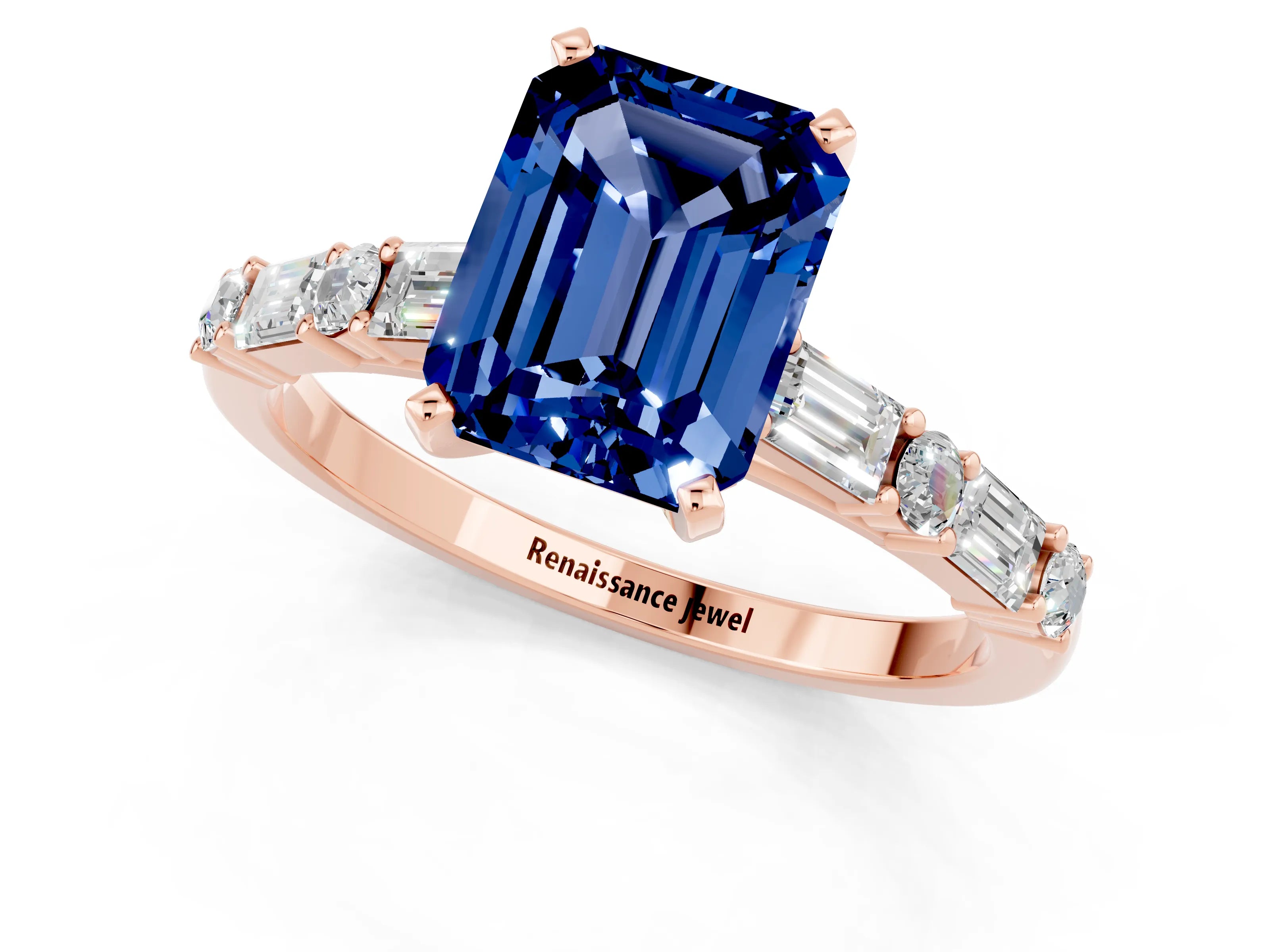 Rose gold Emerald Cut Blue Sapphire Solitaire with Side Baguettes and Channel Set Band_1