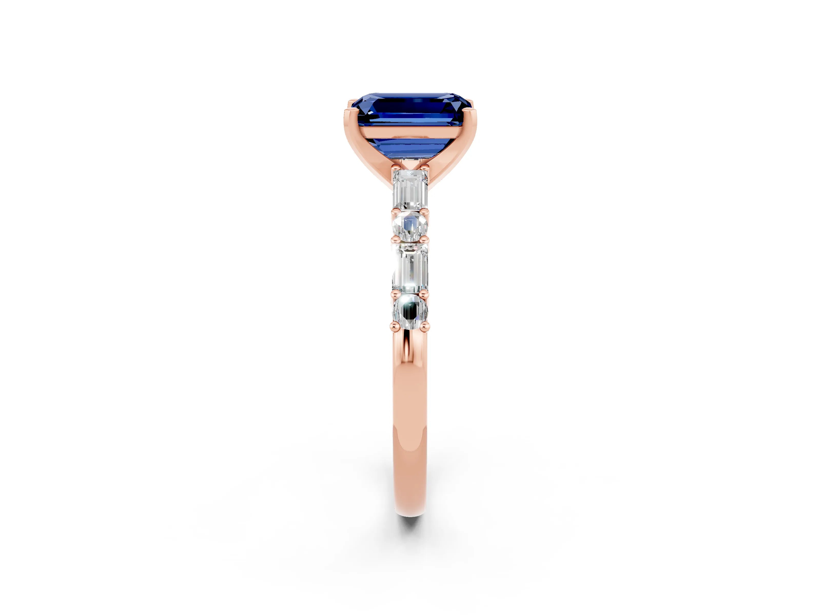 Rose gold Emerald Cut Blue Sapphire Solitaire with Side Baguettes and Channel Set Band_2