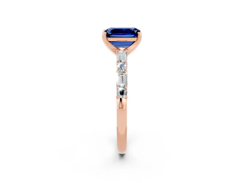Rose gold Emerald Cut Blue Sapphire Solitaire with Side Baguettes and Channel Set Band_2
