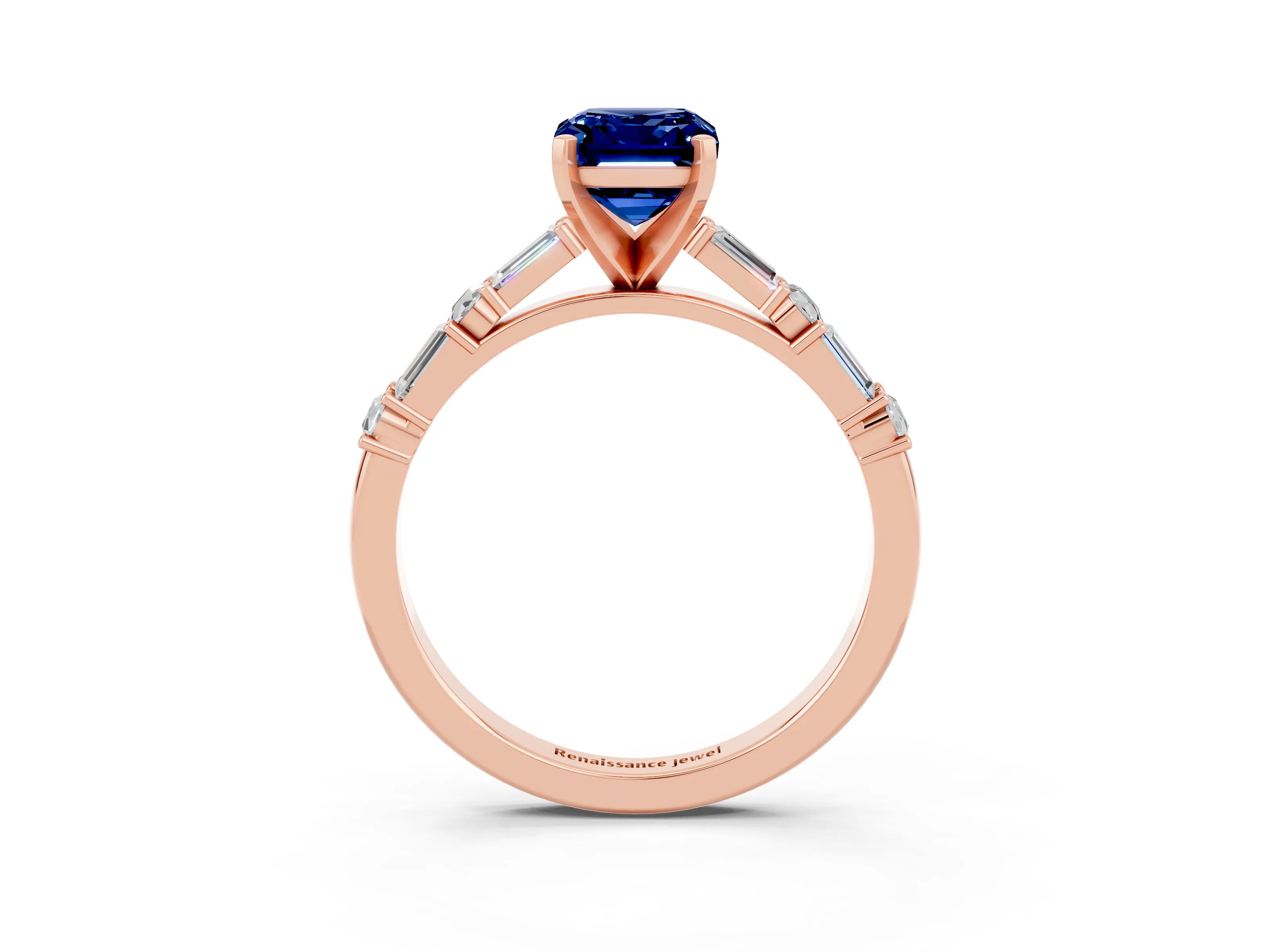 Rose gold Emerald Cut Blue Sapphire Solitaire with Side Baguettes and Channel Set Band_3