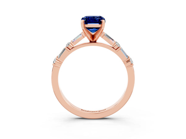 Rose gold Emerald Cut Blue Sapphire Solitaire with Side Baguettes and Channel Set Band