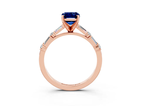 Rose gold Emerald Cut Blue Sapphire Solitaire with Side Baguettes and Channel Set Band_3