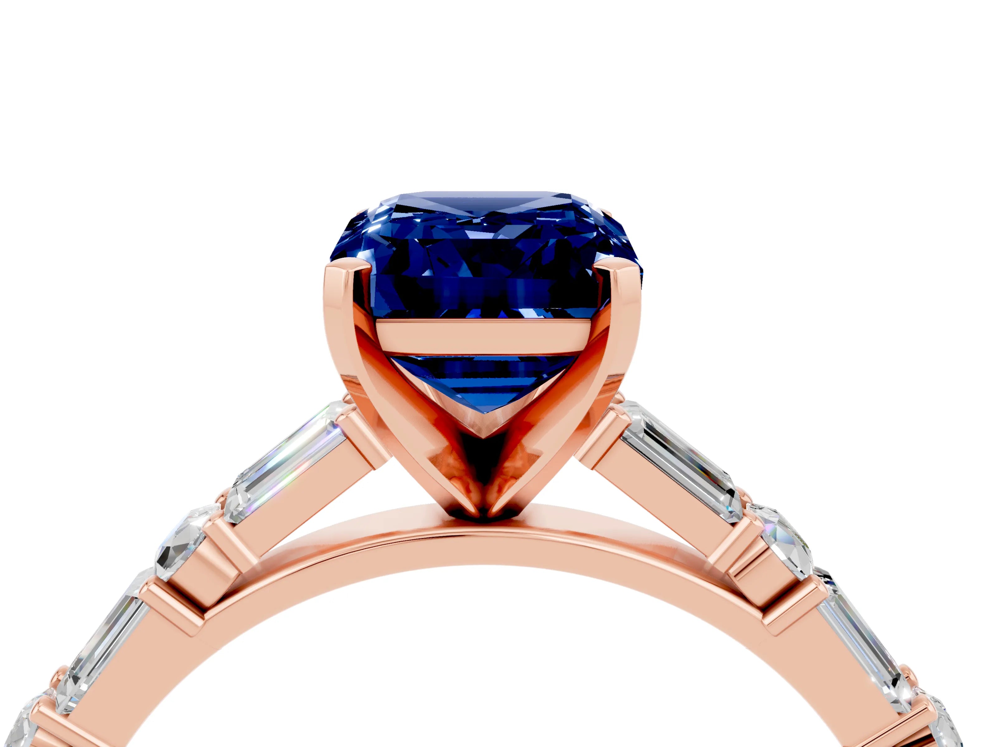 Rose gold Emerald Cut Blue Sapphire Solitaire with Side Baguettes and Channel Set Band_4