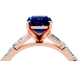 Rose gold Emerald Cut Blue Sapphire Solitaire with Side Baguettes and Channel Set Band_4