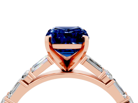 Rose gold Emerald Cut Blue Sapphire Solitaire with Side Baguettes and Channel Set Band_4