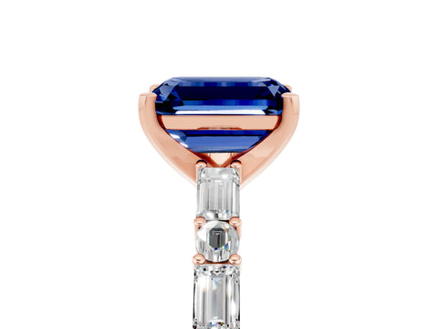 Rose gold Emerald Cut Blue Sapphire Solitaire with Side Baguettes and Channel Set Band_5