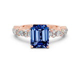 Rose gold Emerald Cut Blue Sapphire Solitaire with Side Stones, Pave Band, Four-Prong Setting_36