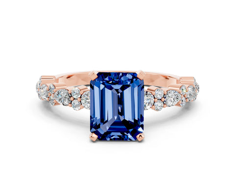 Rose gold Emerald Cut Blue Sapphire Solitaire with Side Stones, Pave Band, Four-Prong Setting_36