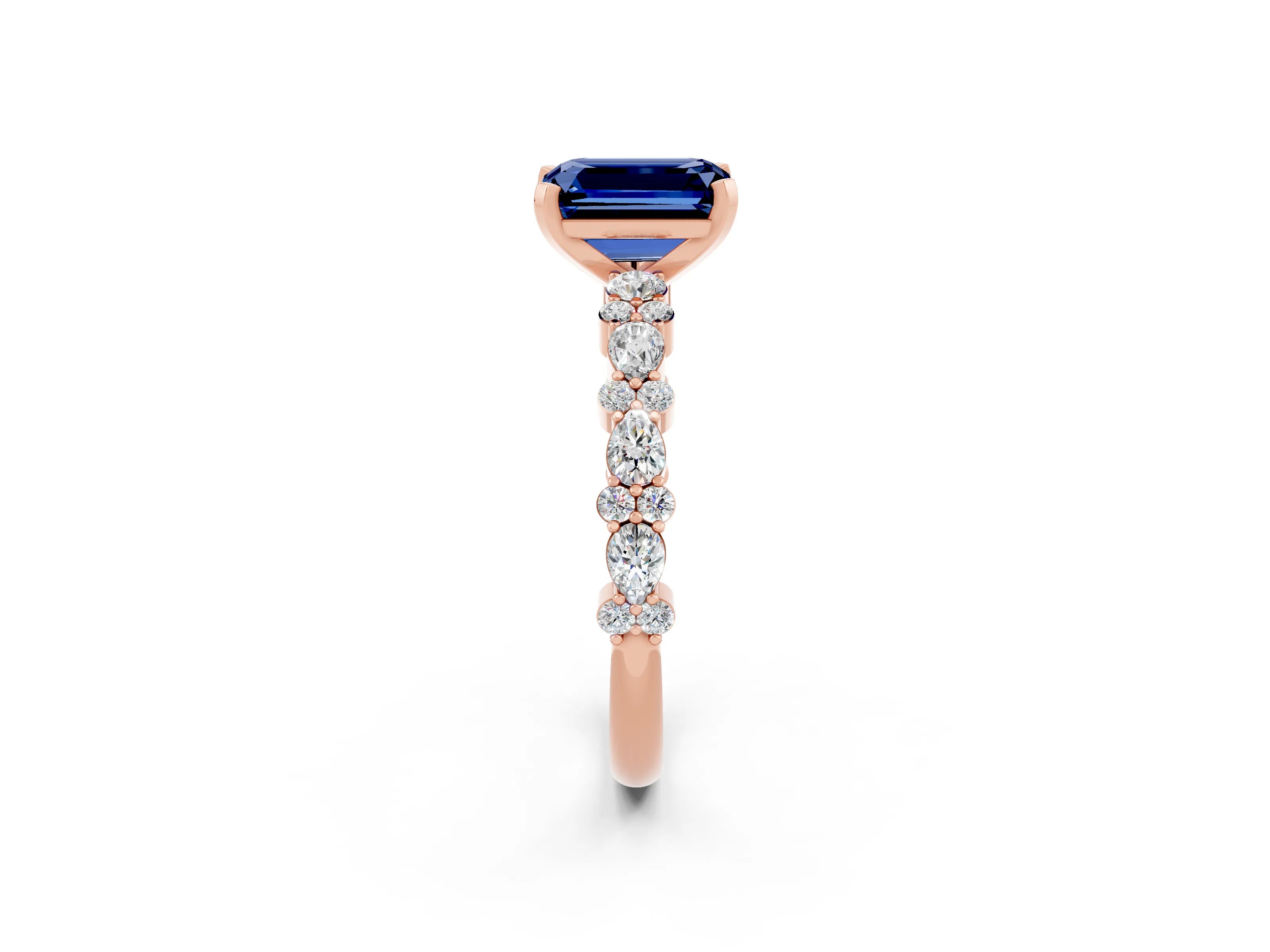 Rose gold Emerald Cut Blue Sapphire Solitaire with Side Stones, Pave Band, Four-Prong Setting_38