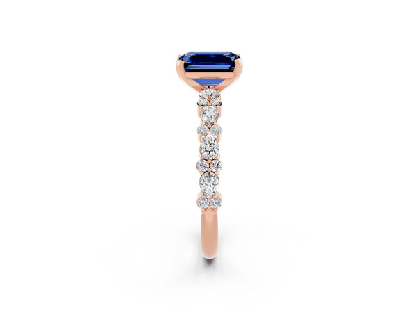 Rose gold Emerald Cut Blue Sapphire Side Stone Solitaire Ring with Round  and Four-Prong Setting