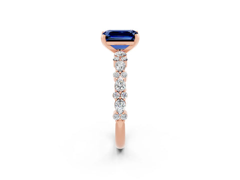 Rose gold Emerald Cut Blue Sapphire Solitaire with Side Stones, Pave Band, Four-Prong Setting_38