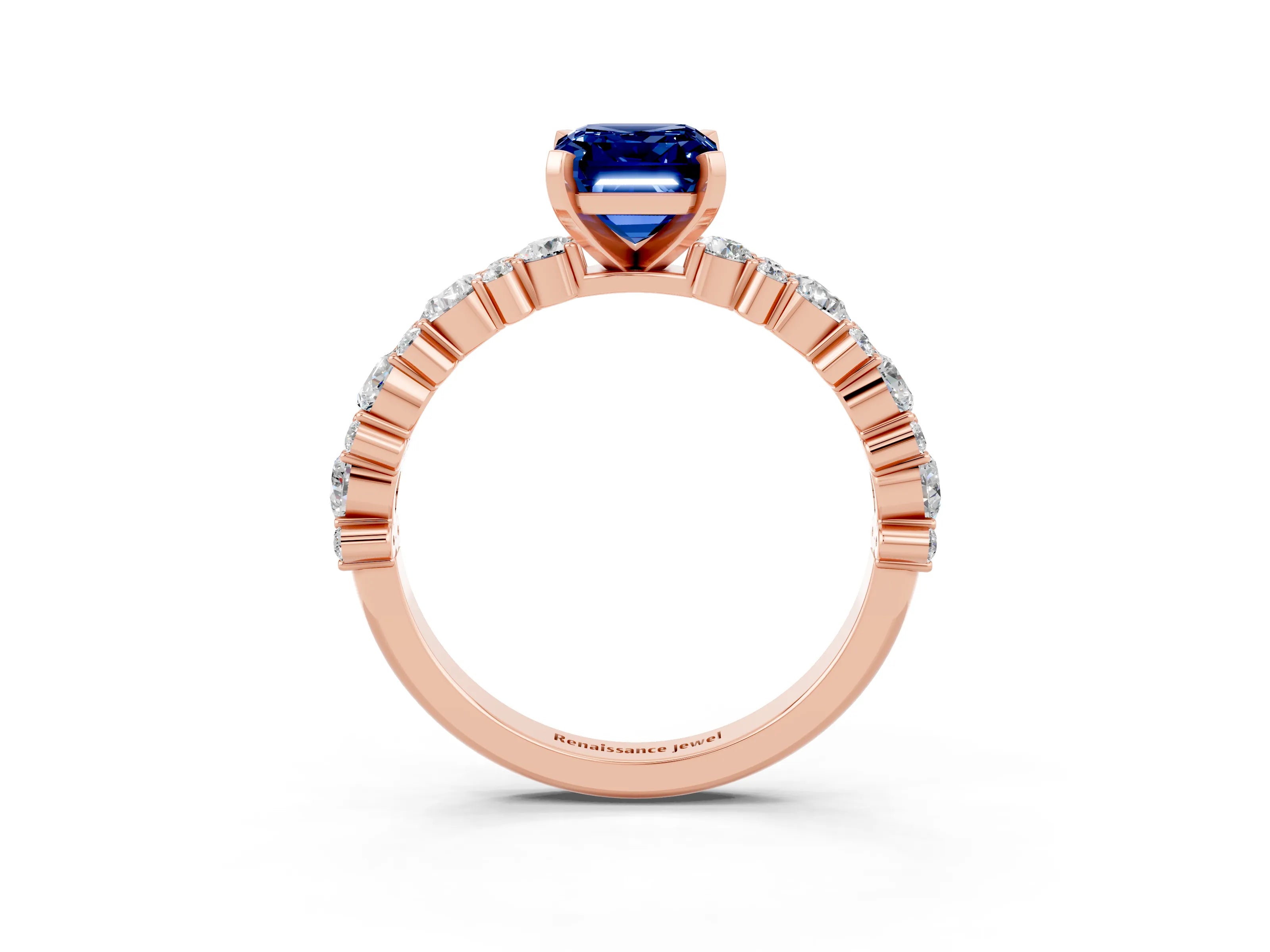 Rose gold Emerald Cut Blue Sapphire Solitaire with Side Stones, Pave Band, Four-Prong Setting_39