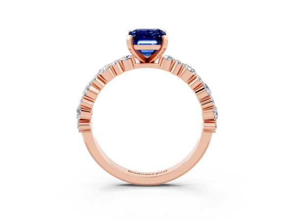 Rose gold Emerald Cut Blue Sapphire Side Stone Solitaire Ring with Round  and Four-Prong Setting