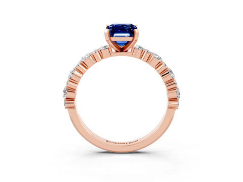 Rose gold Emerald Cut Blue Sapphire Solitaire with Side Stones, Pave Band, Four-Prong Setting_39