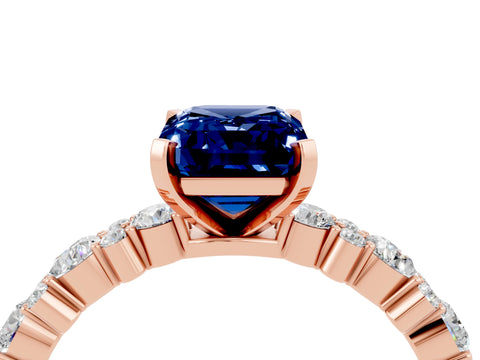 Rose gold Emerald Cut Blue Sapphire Solitaire with Side Stones, Pave Band, Four-Prong Setting_40