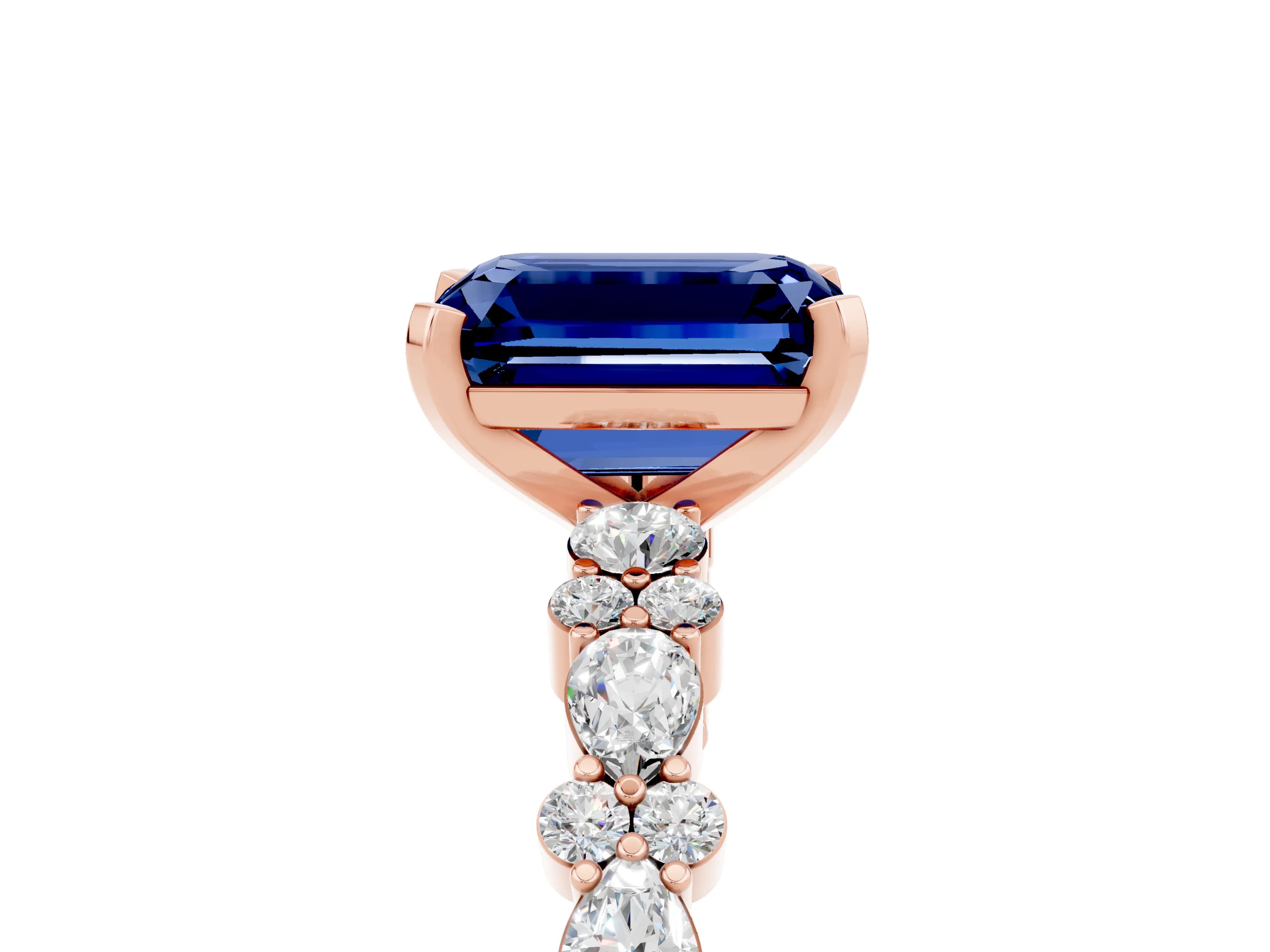 Rose gold Emerald Cut Blue Sapphire Solitaire with Side Stones, Pave Band, Four-Prong Setting_41