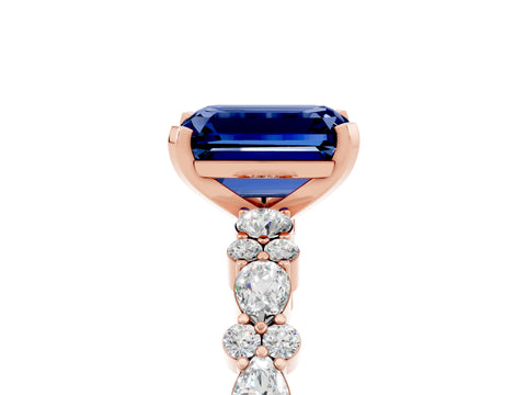 Rose gold Emerald Cut Blue Sapphire Solitaire with Side Stones, Pave Band, Four-Prong Setting_41
