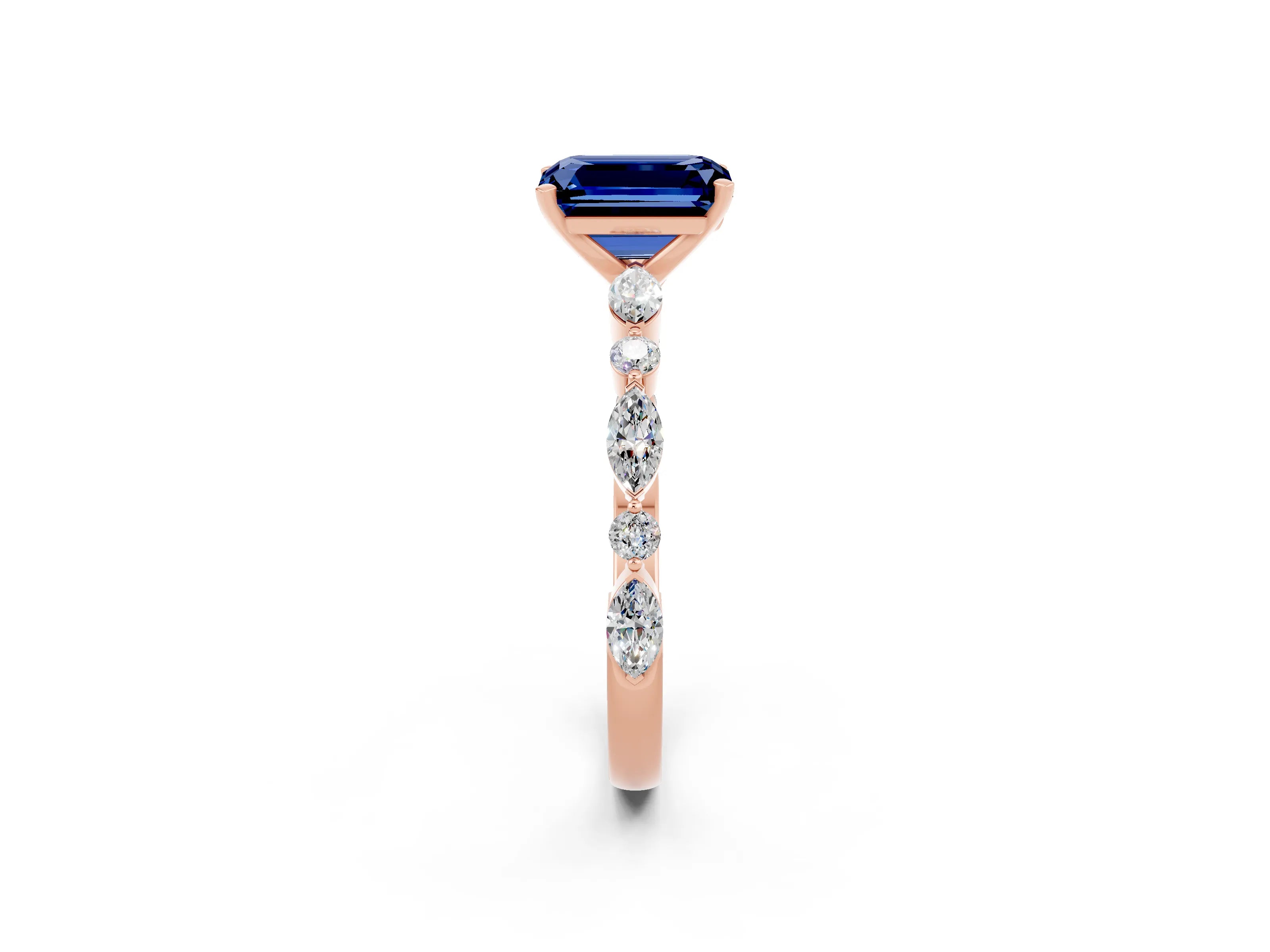 Rose gold Emerald Cut Blue Sapphire Solitaire with Side Stones on a Pavé Band and Four-Prong Setting_2