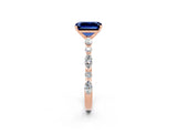 Rose gold Emerald Cut Blue Sapphire Solitaire with Side Stones on a Pavé Band and Four-Prong Setting_2