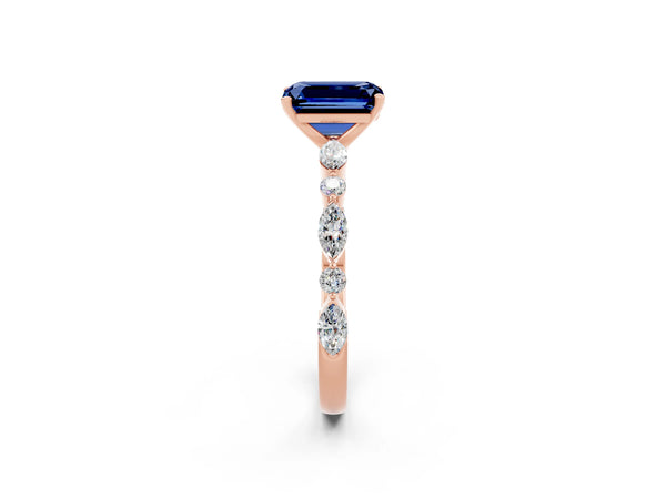 Rose gold Emerald Cut Blue Sapphire Ring with Marquise and Round  Side Stones and Four-Prong Setting