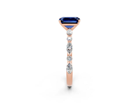 Rose gold Emerald Cut Blue Sapphire Solitaire with Side Stones on a Pavé Band and Four-Prong Setting_2