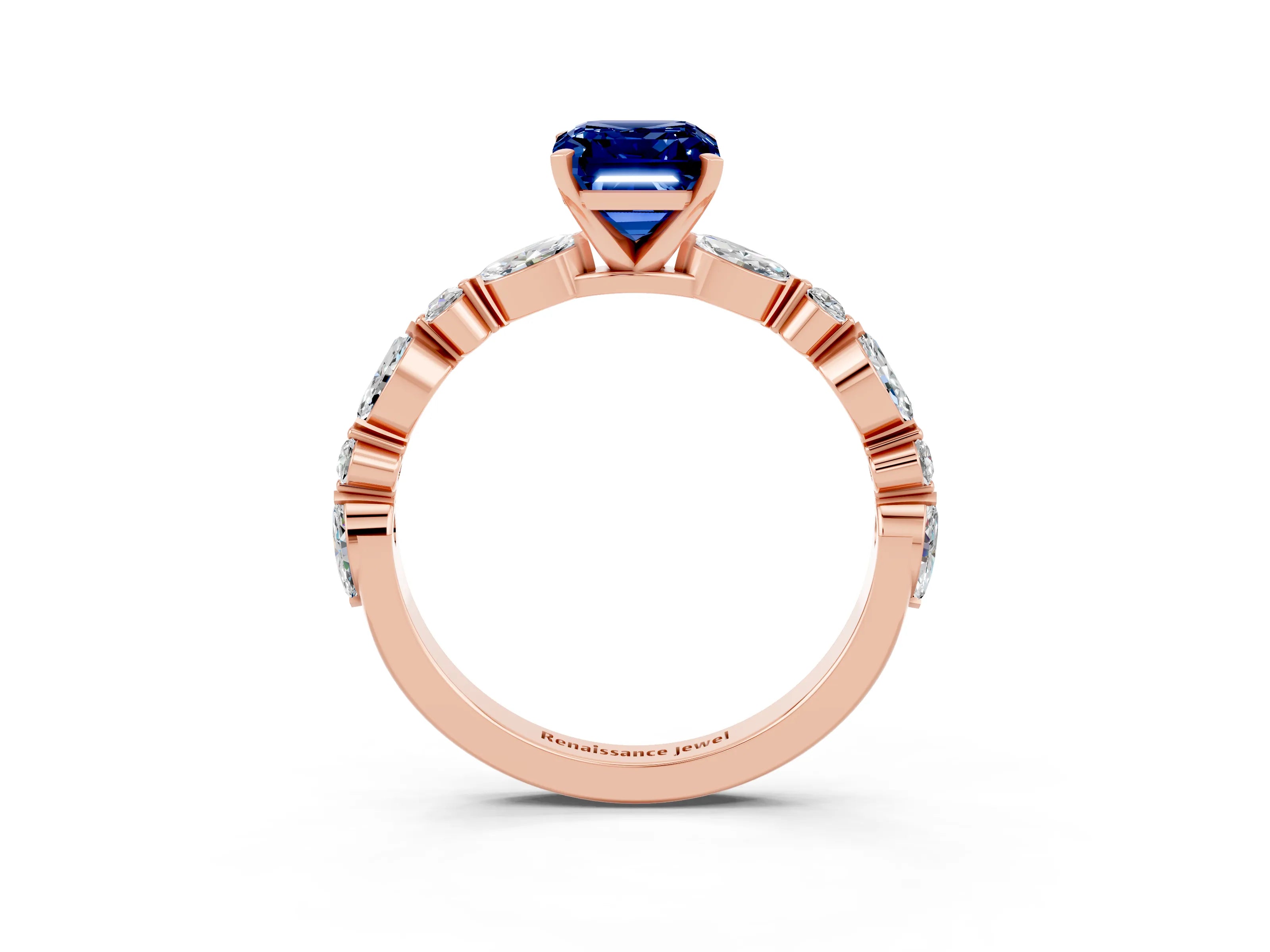 Rose gold Emerald Cut Blue Sapphire Solitaire with Side Stones on a Pavé Band and Four-Prong Setting_3